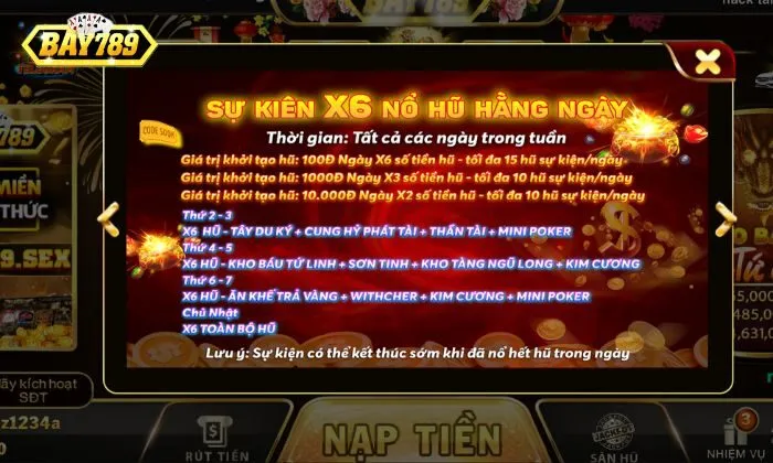 Khuyến mãi: Sự kiện x6 nổ hũ hàng ngày Chi tiết khuyến mãi: Sự kiện x6 nổ hũ hàng ngày