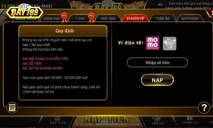 Lưu ý một vài điểm nhỏ khi nạp tiền Bay789